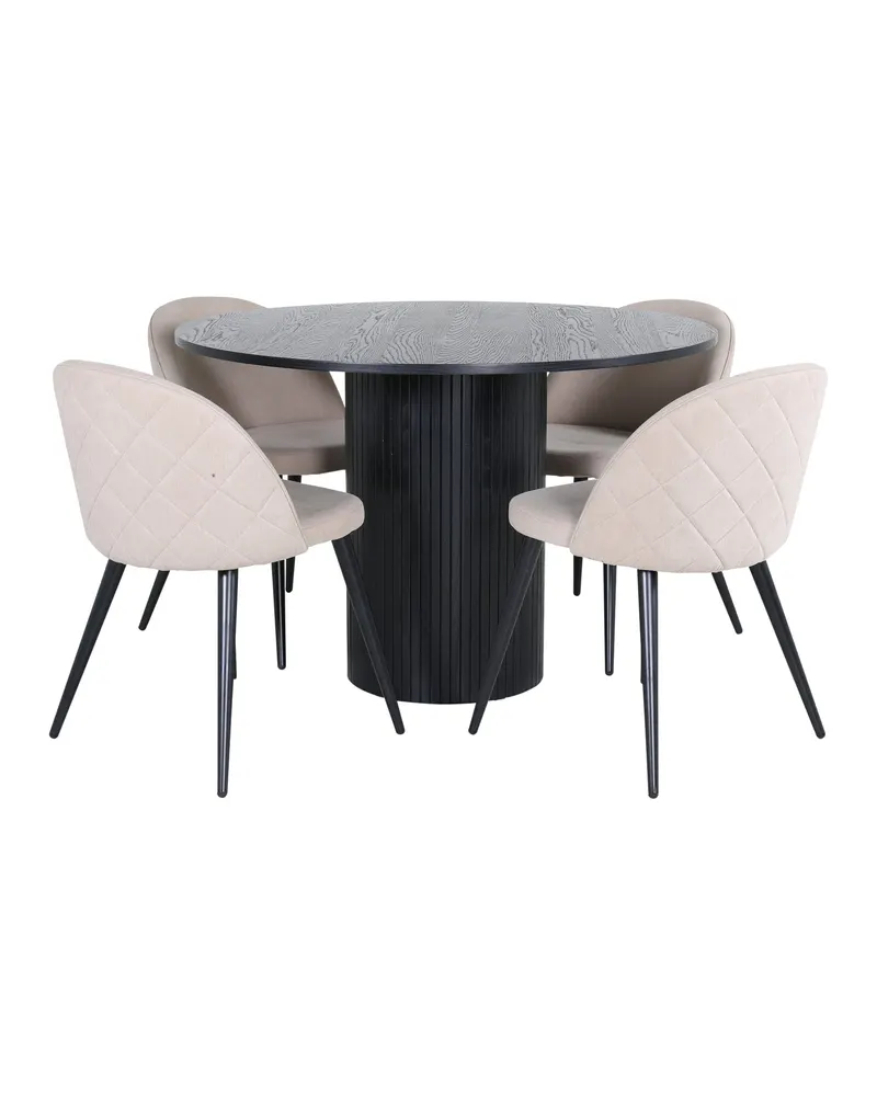 Bianca & Velvet Essgruppe mit rundem Esstisch und vier Velvet Polsterstühlen in Schwarz, Beige, Gestell Schwarz, Ansicht 1