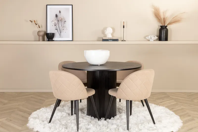 Bianca & Velvet Essgruppe mit rundem Esstisch und vier Velvet Polsterstühlen in Schwarz, Beige, Gestell Schwarz, im Wohnraum, Ansicht 1