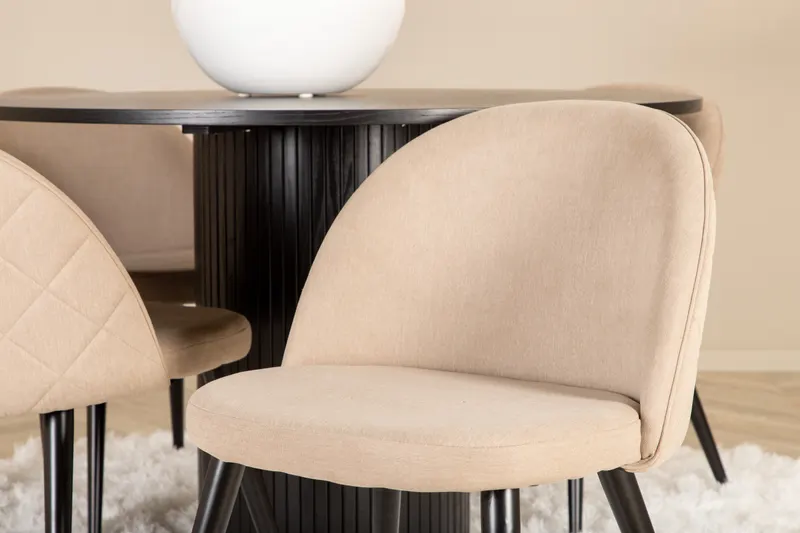 Bianca & Velvet Essgruppe mit rundem Esstisch und vier Velvet Polsterstühlen in Schwarz, Beige, Gestell Schwarz, im Wohnraum, Ansicht 4