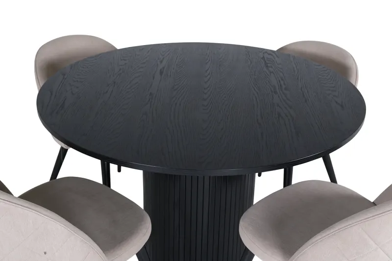 Bianca & Velvet Essgruppe mit rundem Esstisch und vier Velvet Polsterstühlen in Schwarz, Beige, Gestell Schwarz, Ansicht 2