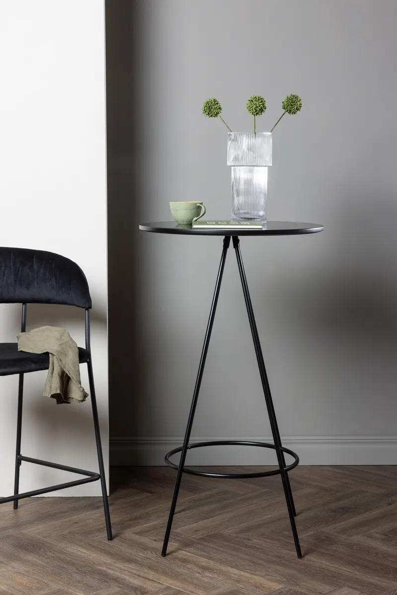 Bistro runder Bartisch mit kegelförmigem Stahlgestell und Fußring, im Wohnraum, Ansicht 1