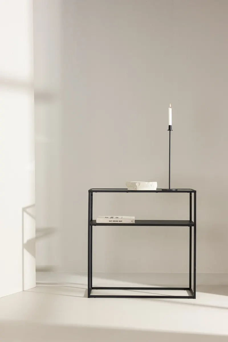 Bogóta Konsolentisch aus Glas und Stahl, im Wohnraum, Ansicht 1