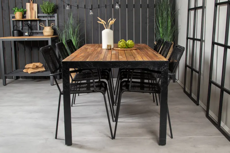 Bois & Lindos Gartenmöbel-Set mit Akazientisch und 6 Seilstühlen in Schwarz, im Wohnraum, Ansicht 1