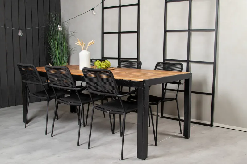 Bois & Lindos Gartenmöbel-Set mit Akazientisch und 6 Seilstühlen in Schwarz, im Wohnraum, Ansicht 2