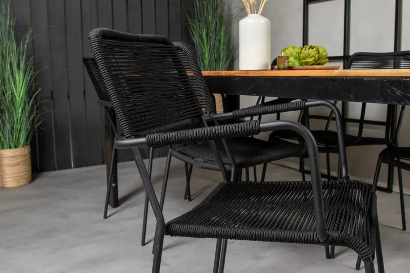 Bois & Lindos Gartenmöbel-Set mit Akazientisch und 6 Seilstühlen in Schwarz, im Wohnraum, Ansicht 5
