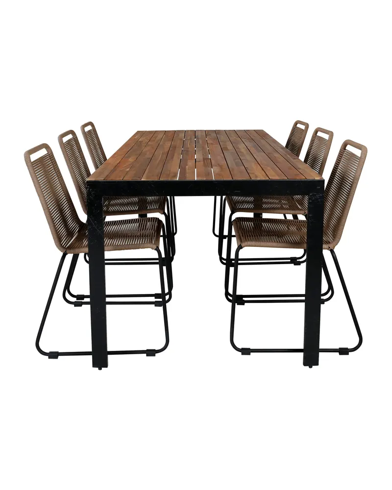 Bois & Lindos Gartenmöbel-Set mit Akazientisch und 6 Seilstühlen in Braun, Gestell Schwarz, Ansicht 1