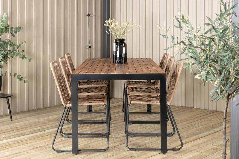 Bois & Lindos Gartenmöbel-Set mit Akazientisch und 6 Seilstühlen in Braun, Gestell Schwarz, im Wohnraum, Ansicht 1