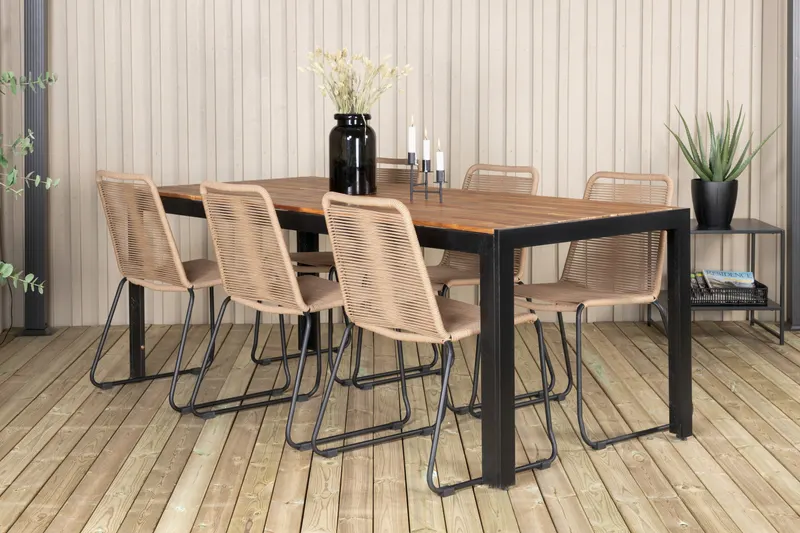 Bois & Lindos Gartenmöbel-Set mit Akazientisch und 6 Seilstühlen in Braun, Gestell Schwarz, im Wohnraum, Ansicht 2