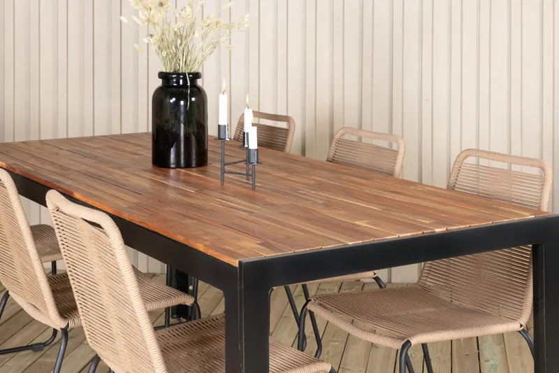 Bois & Lindos Gartenmöbel-Set mit Akazientisch und 6 Seilstühlen in Braun, Gestell Schwarz, im Wohnraum, Ansicht 4