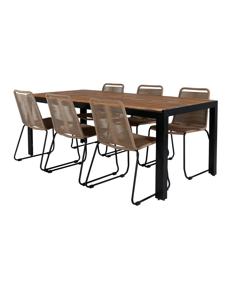 Bois & Lindos Gartenmöbel-Set mit Akazientisch und 6 Seilstühlen in Braun, Gestell Schwarz, Ansicht 2
