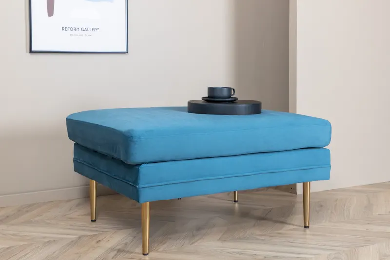 Boom eckiger Fußhocker mit Sitzkissen in Blau, Gestell Gold, Polyester-Samt, im Wohnraum, Ansicht 4