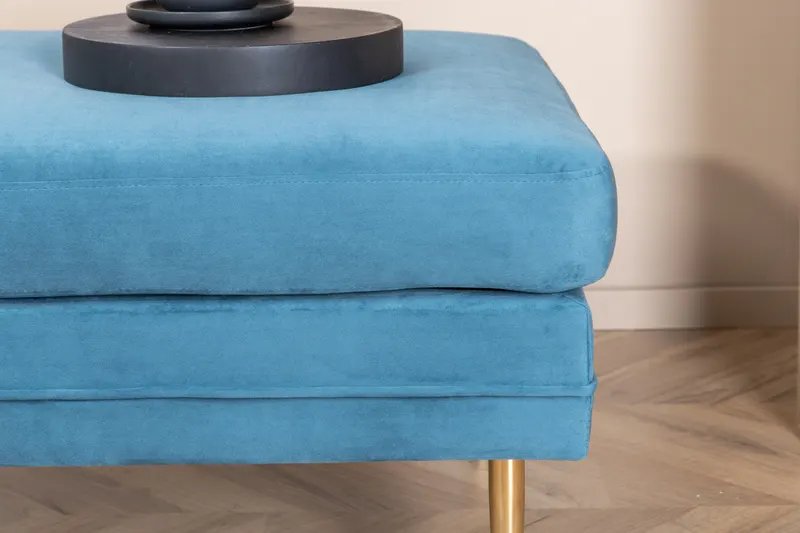 Boom eckiger Fußhocker mit Sitzkissen in Blau, Gestell Gold, Polyester-Samt, im Wohnraum, Ansicht 5