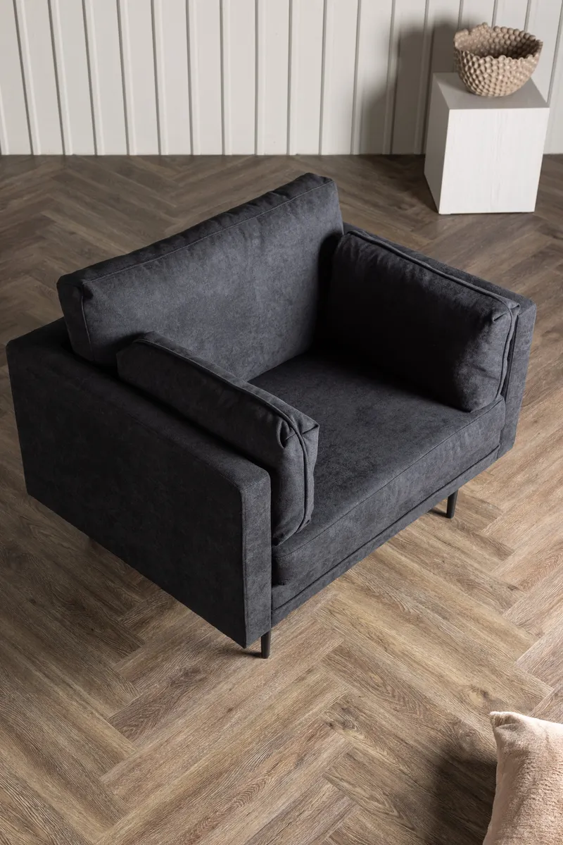 Boom Sessel mit schlanken Stahlbeinen in Schwarz, Polyester in Leinenoptik, im Wohnraum, Ansicht 1