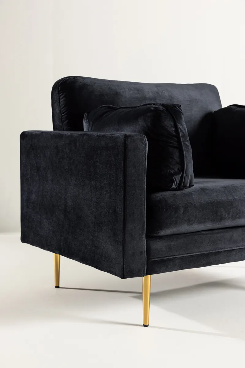 Boom Sessel mit schlanken Stahlbeinen in Schwarz, Gestell Gold, Polyester-Samt, im Wohnraum, Ansicht 2