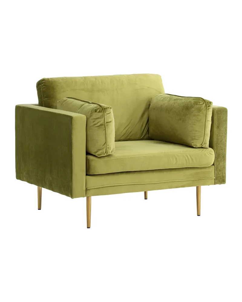 Boom Sessel mit schlanken Stahlbeinen in Grün, Gestell Gold, Polyester-Samt, Ansicht 2