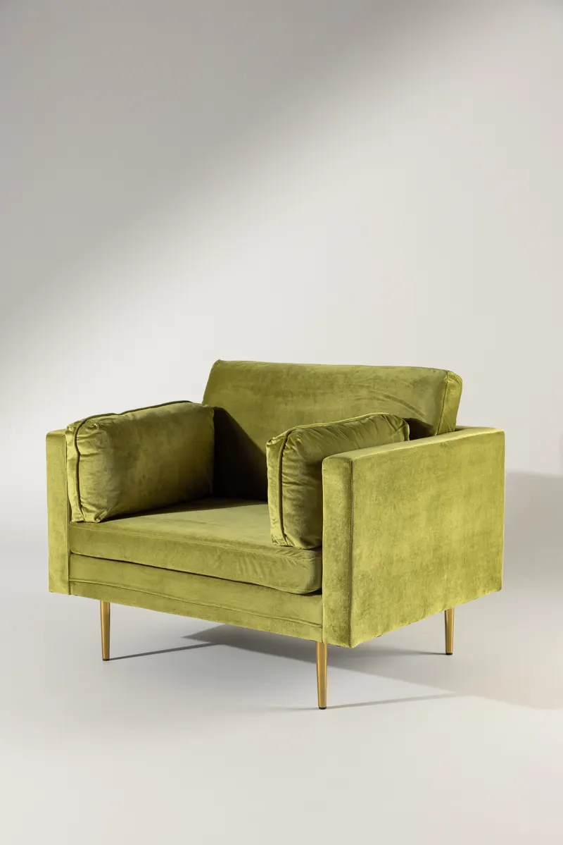 Boom Sessel mit schlanken Stahlbeinen in Grün, Gestell Gold, Polyester-Samt, im Wohnraum, Ansicht 1
