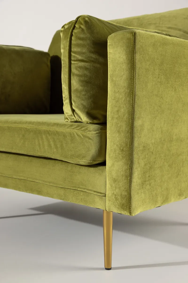 Boom Sessel mit schlanken Stahlbeinen in Grün, Gestell Gold, Polyester-Samt, im Wohnraum, Ansicht 2