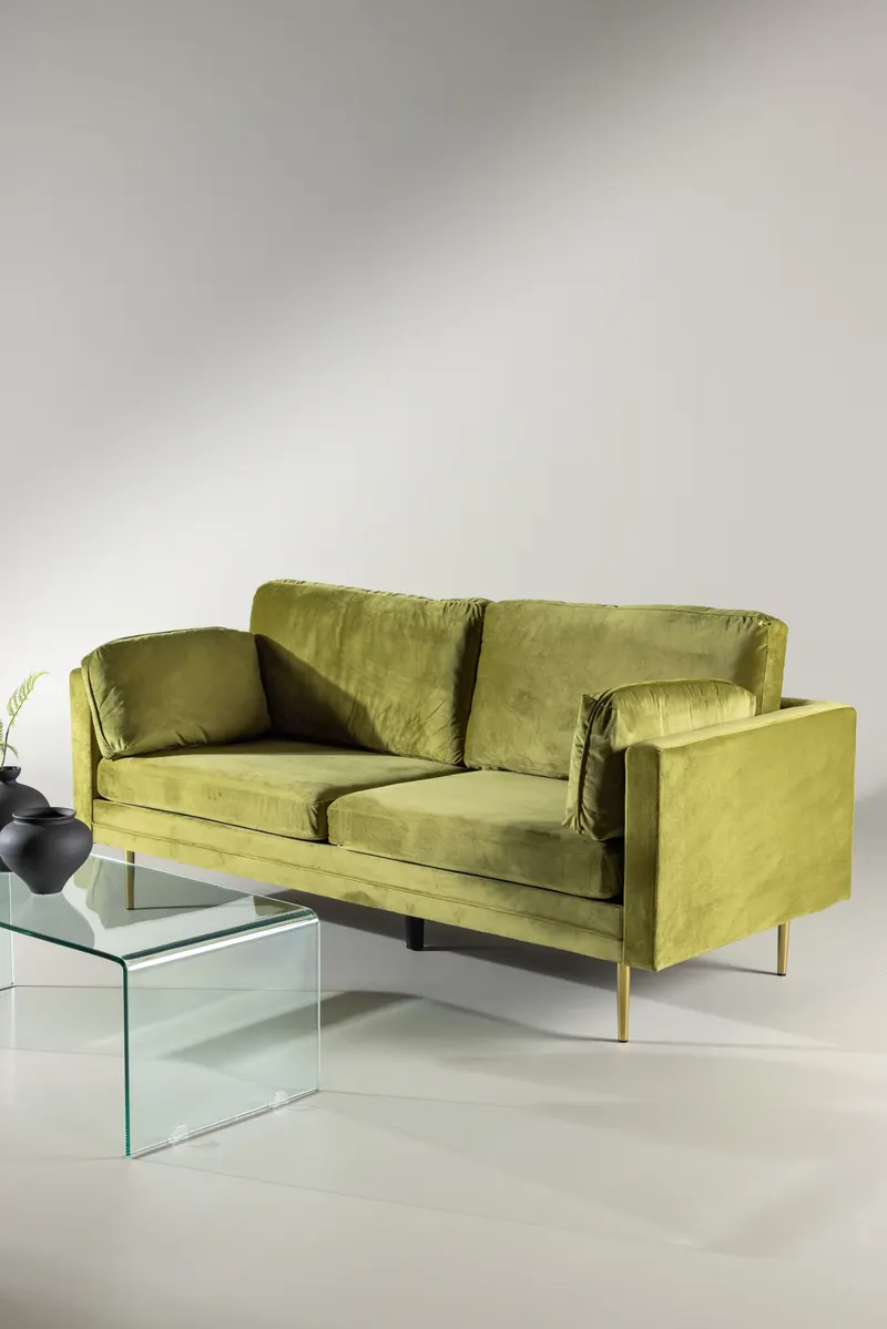 Boom Sofa mit Stahlbeinen in Grün, Gestell Gold, Polyester-Samt, im Wohnraum, Ansicht 1