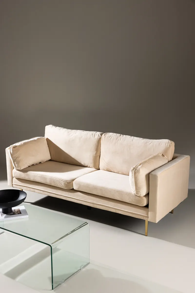 Boom Sofa mit Stahlbeinen in Beige, Gestell Gold, Polyester-Samt, im Wohnraum, Ansicht 1