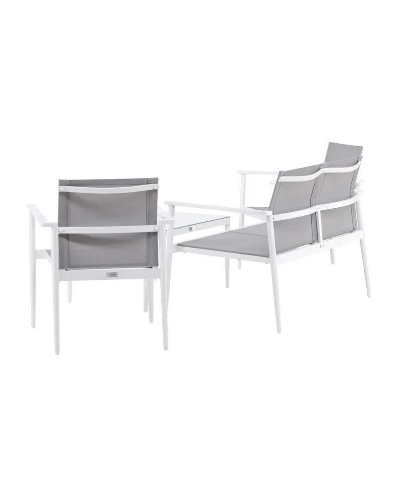 Break Gartenlounge mit Sofa, Sesseln und Glastisch in Table: H:45 L:90 W:60 Chair: D:63 H:81 W:59 Sofa: D:63 H:81 W:135 cm, Weiß, Ansicht 8