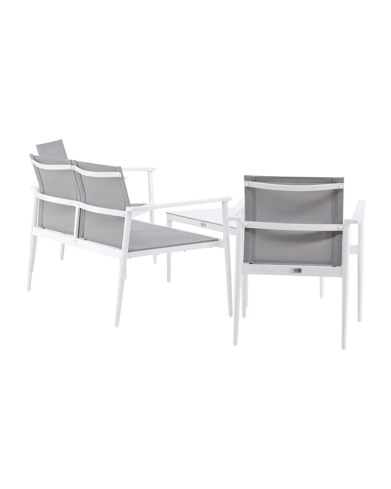 Break Gartenlounge mit Sofa, Sesseln und Glastisch in Table: H:45 L:90 W:60 Chair: D:63 H:81 W:59 Sofa: D:63 H:81 W:135 cm, Weiß, Ansicht 12