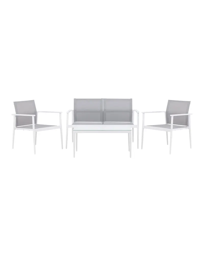 Break Gartenlounge mit Sofa, Sesseln und Glastisch in Table: H:45 L:90 W:60 Chair: D:63 H:81 W:59 Sofa: D:63 H:81 W:135 cm, Weiß, Ansicht 2