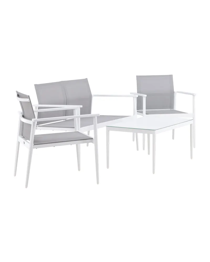 Break Gartenlounge mit Sofa, Sesseln und Glastisch in Table: H:45 L:90 W:60 Chair: D:63 H:81 W:59 Sofa: D:63 H:81 W:135 cm, Weiß, Ansicht 3