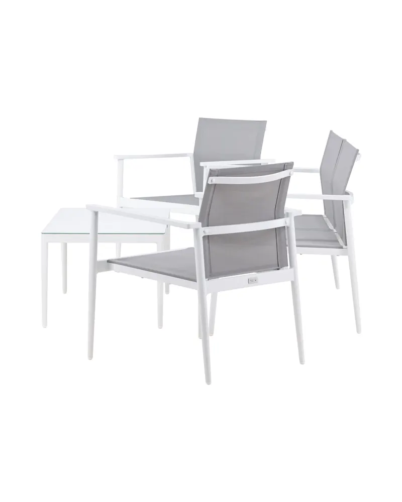 Break Gartenlounge mit Sofa, Sesseln und Glastisch in Table: H:45 L:90 W:60 Chair: D:63 H:81 W:59 Sofa: D:63 H:81 W:135 cm, Weiß, Ansicht 4