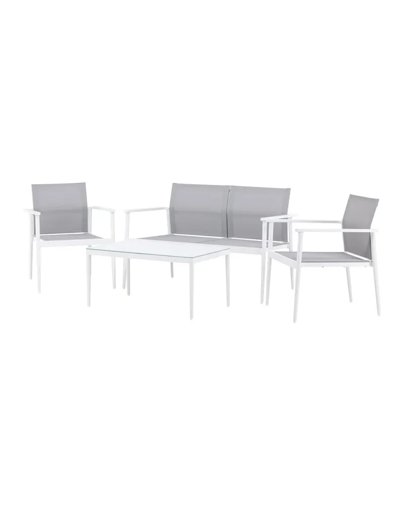 Break Gartenlounge mit Sofa, Sesseln und Glastisch in Table: H:45 L:90 W:60 Chair: D:63 H:81 W:59 Sofa: D:63 H:81 W:135 cm, Weiß, Ansicht 5