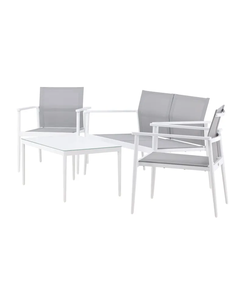 Break Gartenlounge mit Sofa, Sesseln und Glastisch in Table: H:45 L:90 W:60 Chair: D:63 H:81 W:59 Sofa: D:63 H:81 W:135 cm, Weiß, Ansicht 6