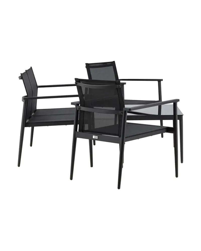 Break Gartenlounge mit Sofa, Sesseln und Glastisch in Table: H:43 L:90 W:55 Chair: D:58 H:81 W:65 Sofa: D:65 H:81 W:105 cm, Schwarz, Ansicht 1