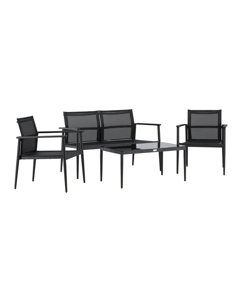 Break Gartenlounge mit Sofa, Sesseln und Glastisch in Table: H:43 L:90 W:55 Chair: D:58 H:81 W:65 Sofa: D:65 H:81 W:105 cm, Schwarz, Ansicht 12