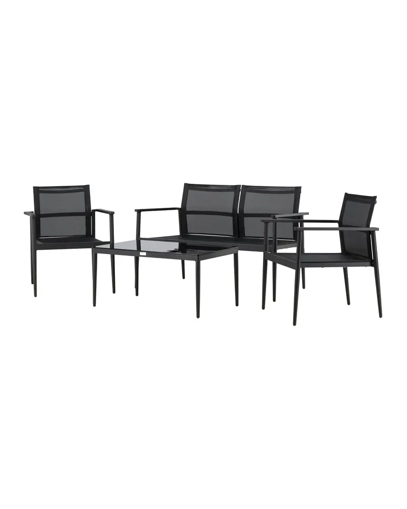Break Gartenlounge mit Sofa, Sesseln und Glastisch in Table: H:43 L:90 W:55 Chair: D:58 H:81 W:65 Sofa: D:65 H:81 W:105 cm, Schwarz, Ansicht 2