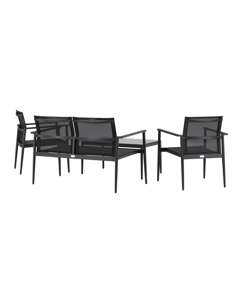 Break Gartenlounge mit Sofa, Sesseln und Glastisch in Table: H:43 L:90 W:55 Chair: D:58 H:81 W:65 Sofa: D:65 H:81 W:105 cm, Schwarz, Ansicht 3