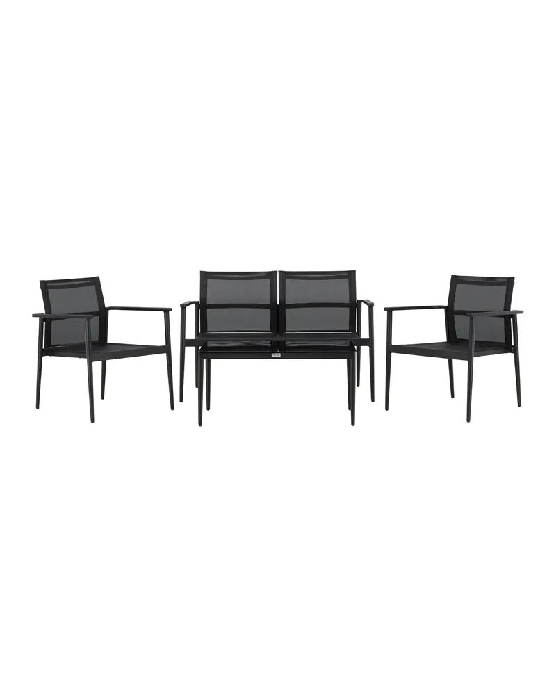Break Gartenlounge mit Sofa, Sesseln und Glastisch in Table: H:43 L:90 W:55 Chair: D:58 H:81 W:65 Sofa: D:65 H:81 W:105 cm, Schwarz, Ansicht 4