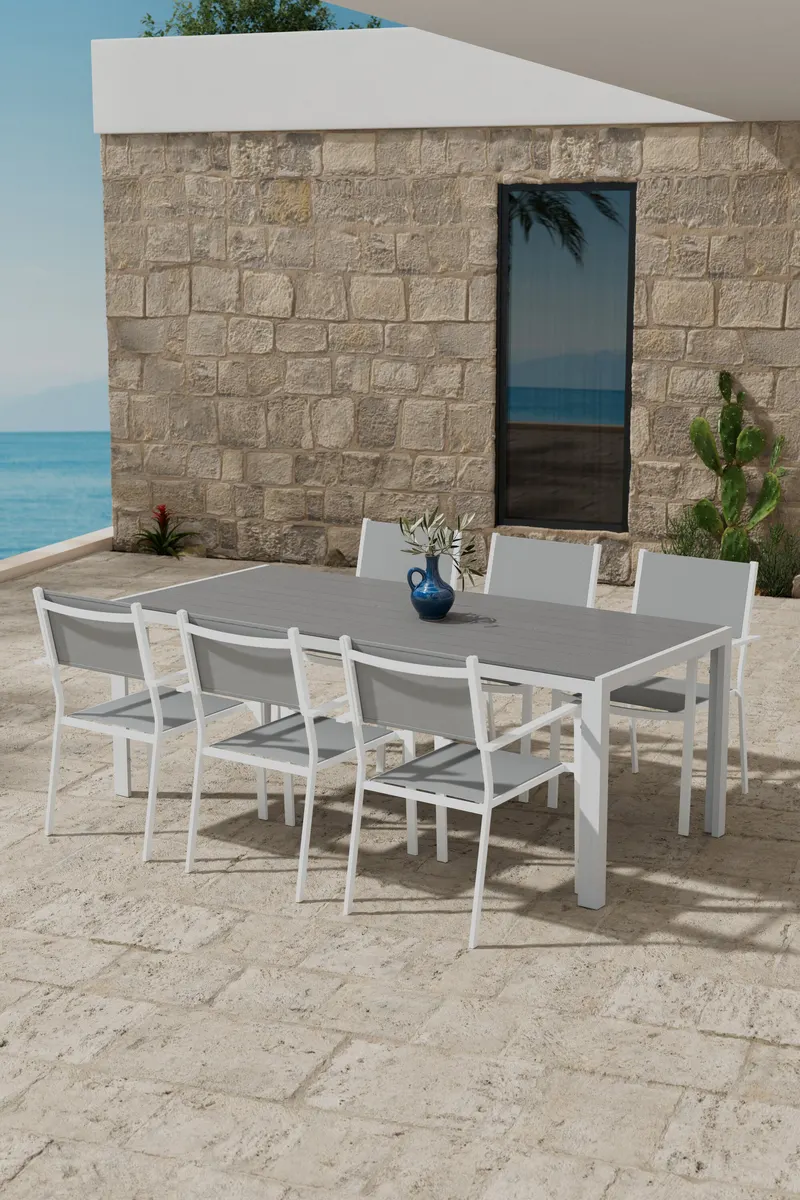 Break & Copacabana Gartenmöbel-Set mit 6 Stühlen in Grau, Gestell Weiß, im Wohnraum, Ansicht 1