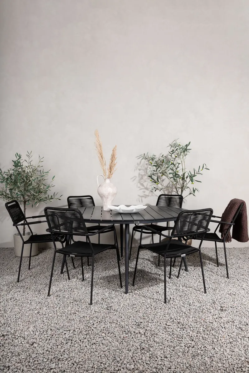 Break & Lindos Gartenmöbel-Set rund mit 6 Seilstühlen in Schwarz, im Wohnraum, Ansicht 1