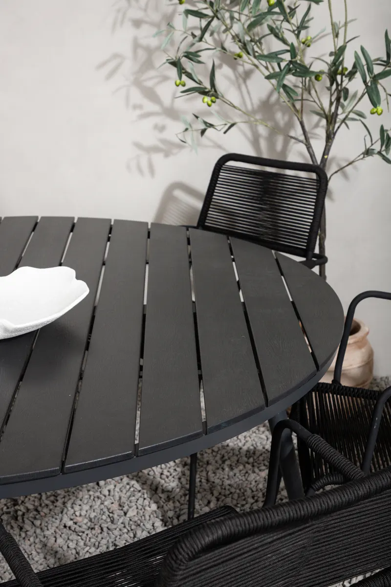 Break & Lindos Gartenmöbel-Set rund mit 6 Seilstühlen in Schwarz, im Wohnraum, Ansicht 2