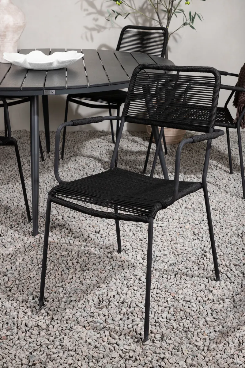 Break & Lindos Gartenmöbel-Set rund mit 6 Seilstühlen in Schwarz, im Wohnraum, Ansicht 3