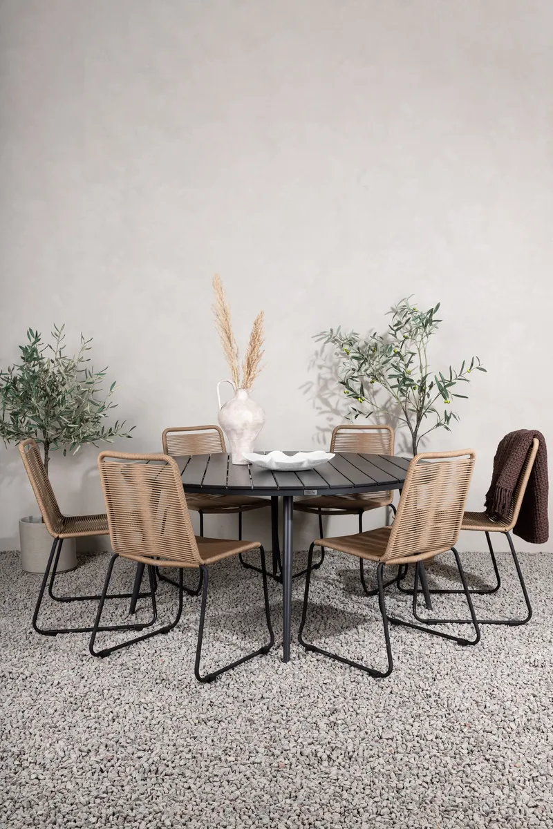 Break & Lindos Gartenmöbel-Set rund mit 6 Seilstühlen in Braun, Gestell Schwarz, im Wohnraum, Ansicht 1