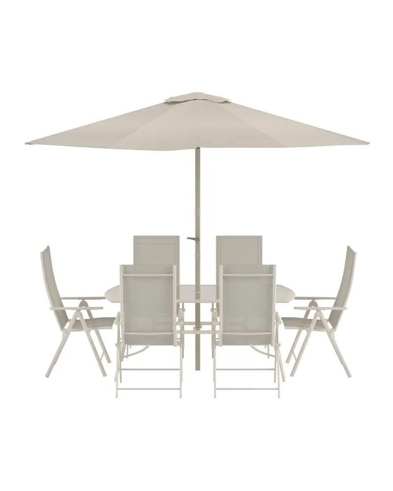 Brekki Gartenmöbel-Set mit Glastisch, Hochlehnern und Sonnenschirm