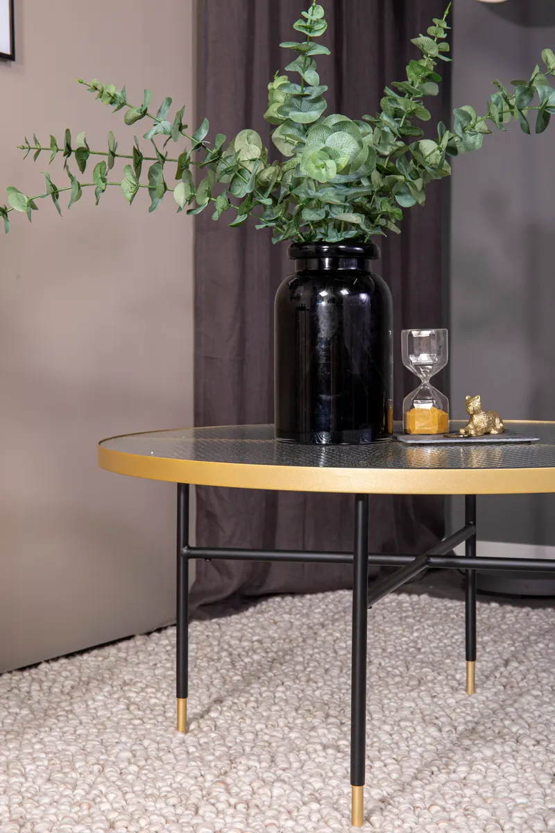 Bubbles runder Couchtisch Ø 98 cm mit Glasplatte und goldfarbenem Rand, im Wohnraum, Ansicht 4