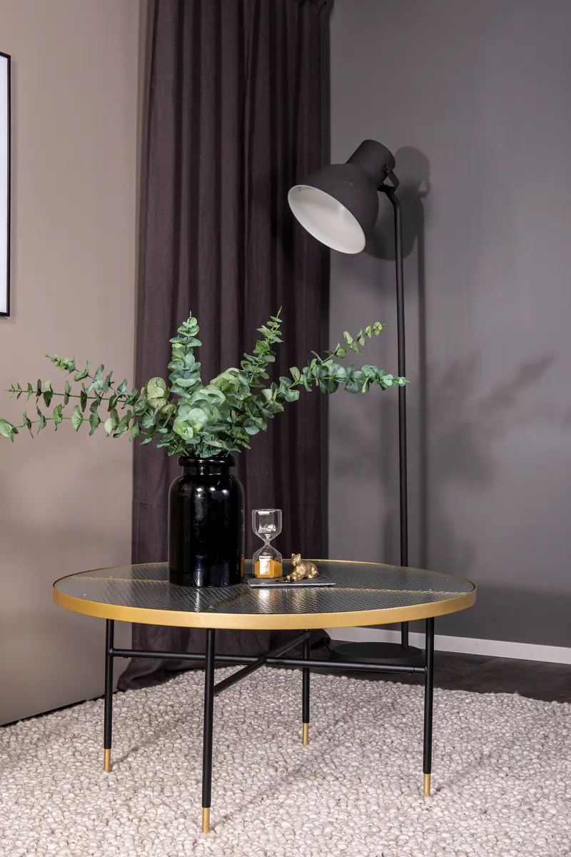 Bubbles runder Couchtisch Ø 98 cm mit Glasplatte und goldfarbenem Rand, im Wohnraum, Ansicht 6