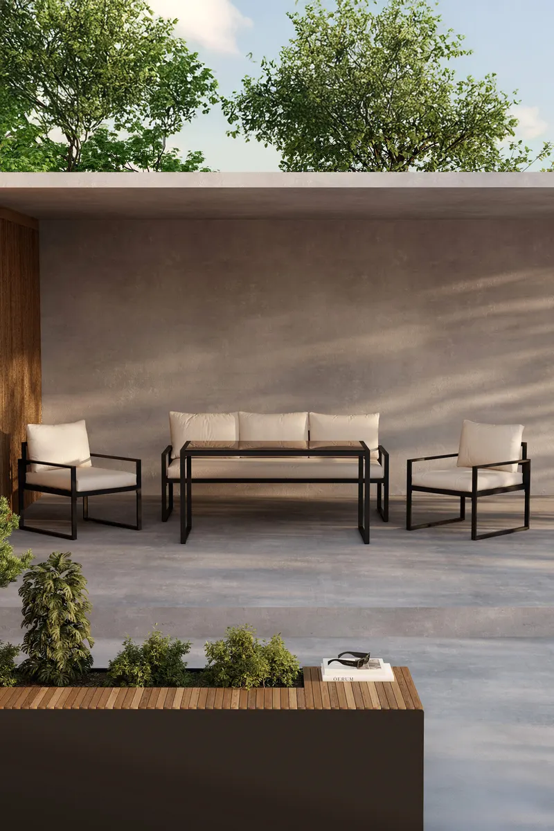 Catania Gartenlounge mit Sofa, zwei Sesseln und Glastisch in Schwarz, im Wohnraum, Ansicht 1