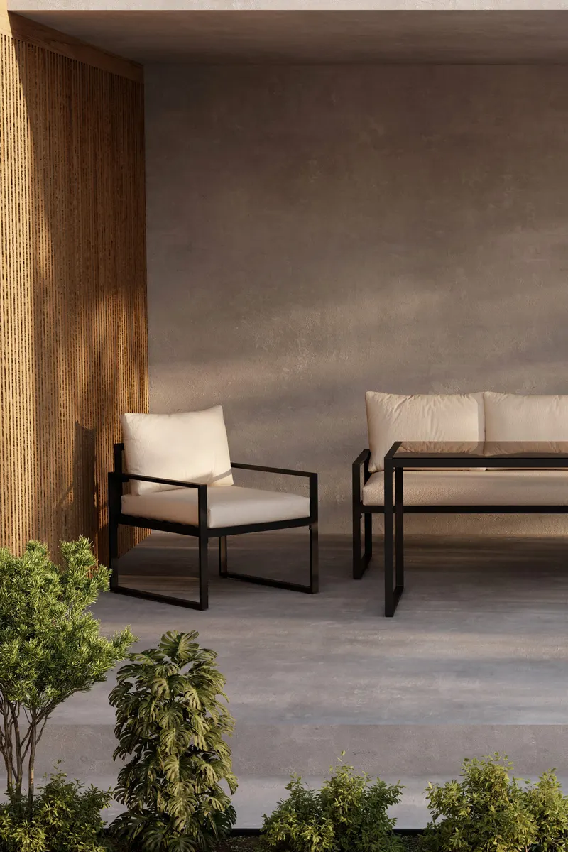 Catania Gartenlounge mit Sofa, zwei Sesseln und Glastisch in Schwarz, im Wohnraum, Ansicht 2