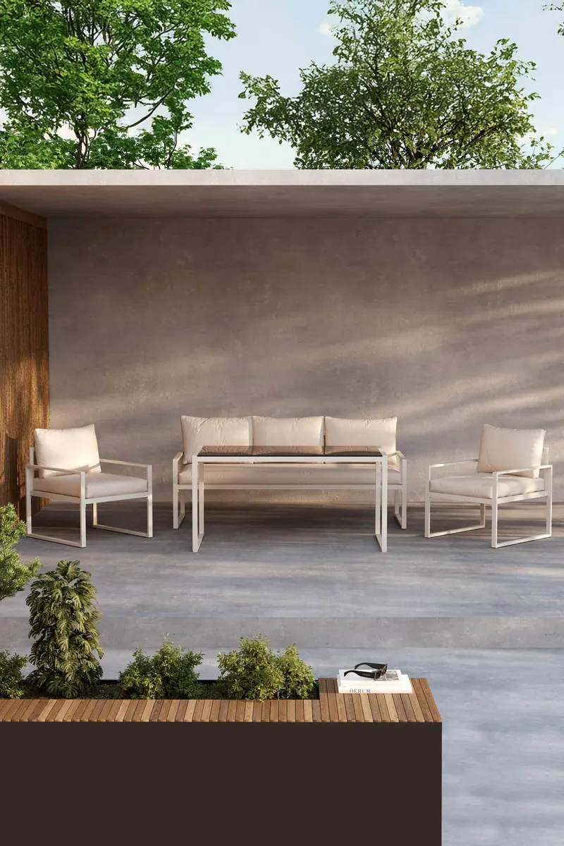 Catania Gartenlounge mit Sofa, zwei Sesseln und Glastisch in Beige, im Wohnraum, Ansicht 1