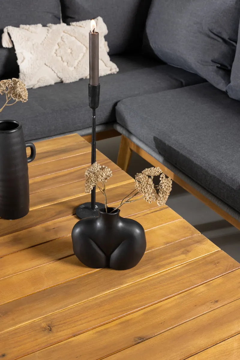 Chania Gartenlounge mit Ecksofa und Couchtisch aus Akazie in Table: H:45 L:110 W:60 Chair: D:75 H:76 W:213 Sofa: D:75 H:76 W:210 × 160 cm, im Wohnraum, Ansicht 3