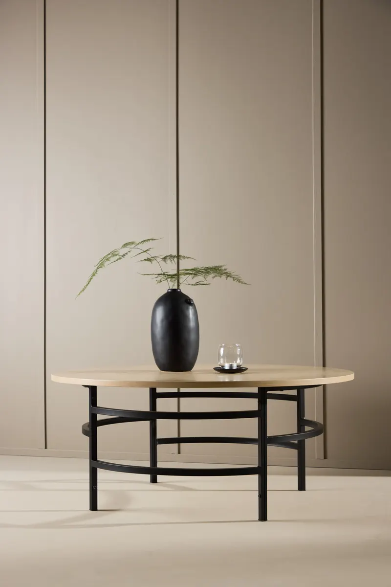 Copenhagen runder Couchtisch Ø 100 cm mit Ringgestell in Whitewash, Gestell Schwarz, im Wohnraum, Ansicht 1