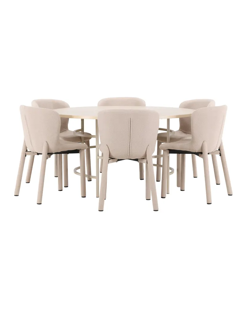Copenhagen & Astoria Essgruppe mit rundem Esstisch und sechs Bouclé-Stühlen in Whitewash, Gestell Beige, Ansicht 1