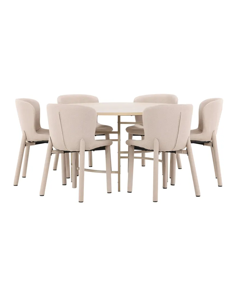 Copenhagen & Astoria Essgruppe mit rundem Esstisch und sechs Bouclé-Stühlen in Whitewash, Gestell Beige, Ansicht 7